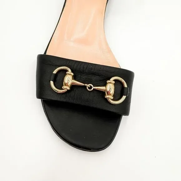 Gucci Horsebit Black Leather Sandals Low Heel Size 37.5, 7.5 - Picture 7 of 15